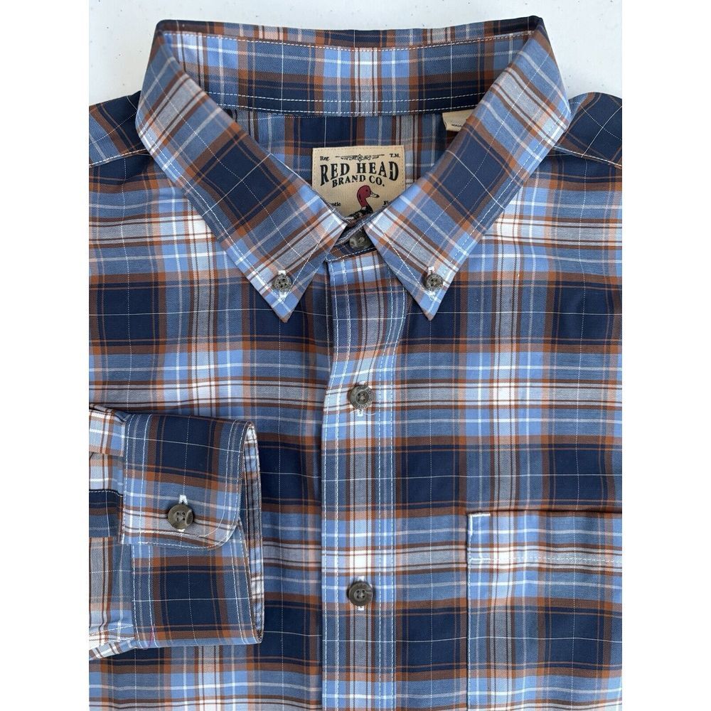 Red Head Brand‎ Co. Men's Large Orange Blue White Plaid Long Sleeve Button Down